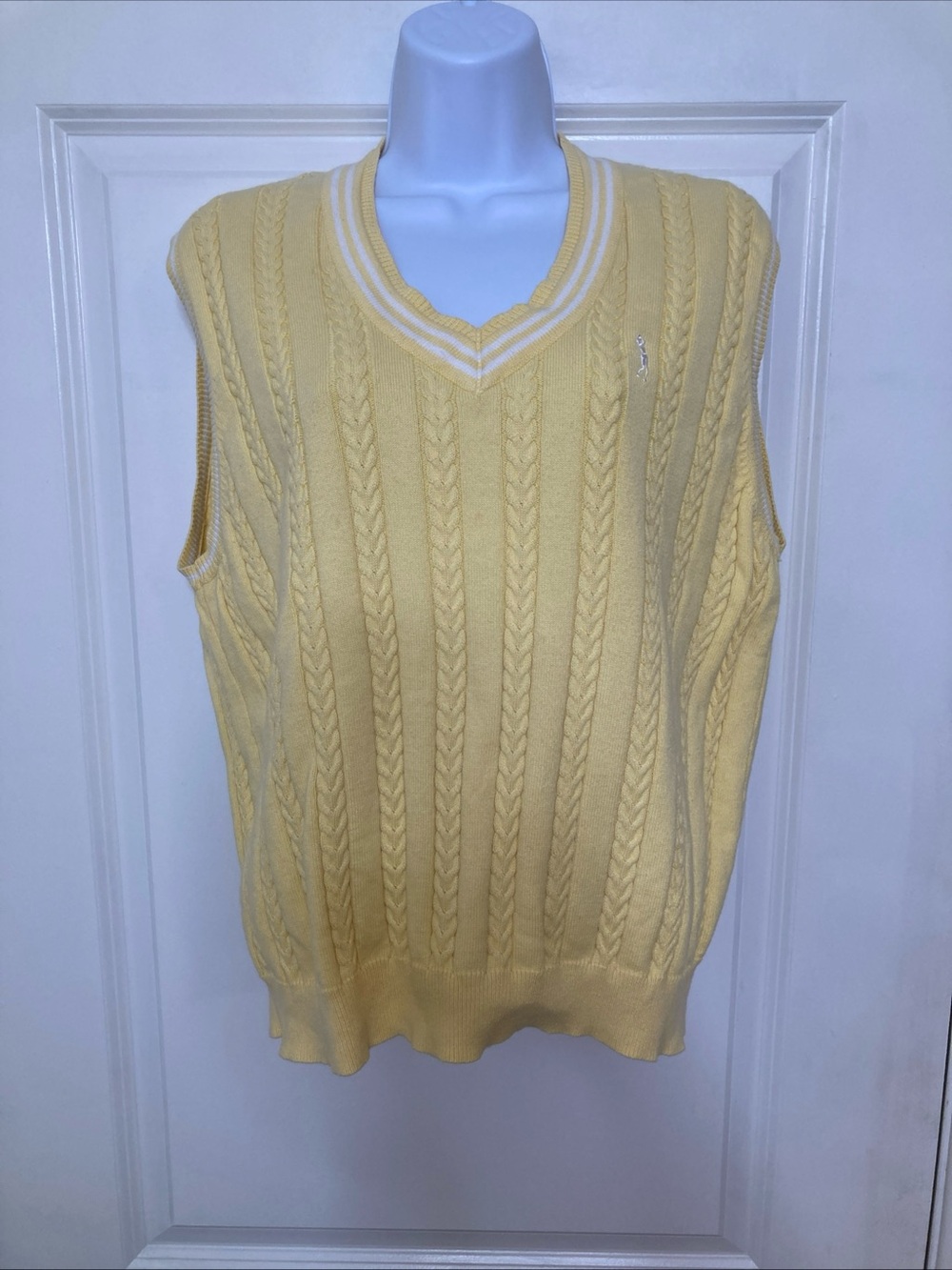 Vintage 90s Y2K Izod Cable Knit Sweater Vest  Butter Yellow Cotton Preppy Sz L